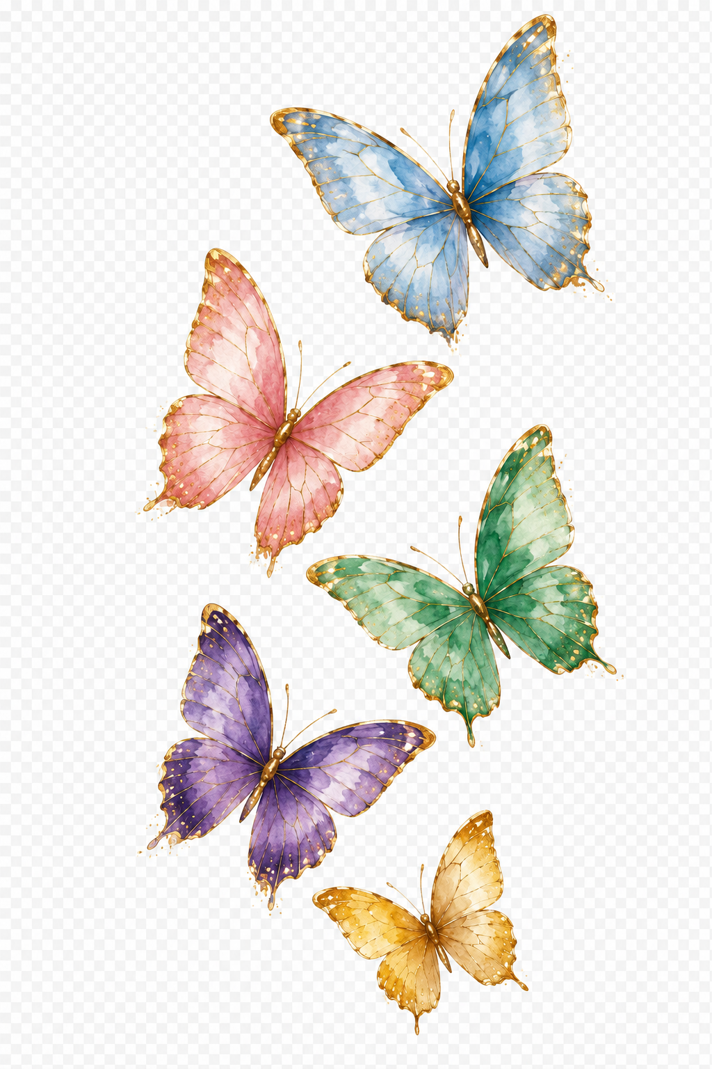 Purple, pink, green, blue, and golden butterflies